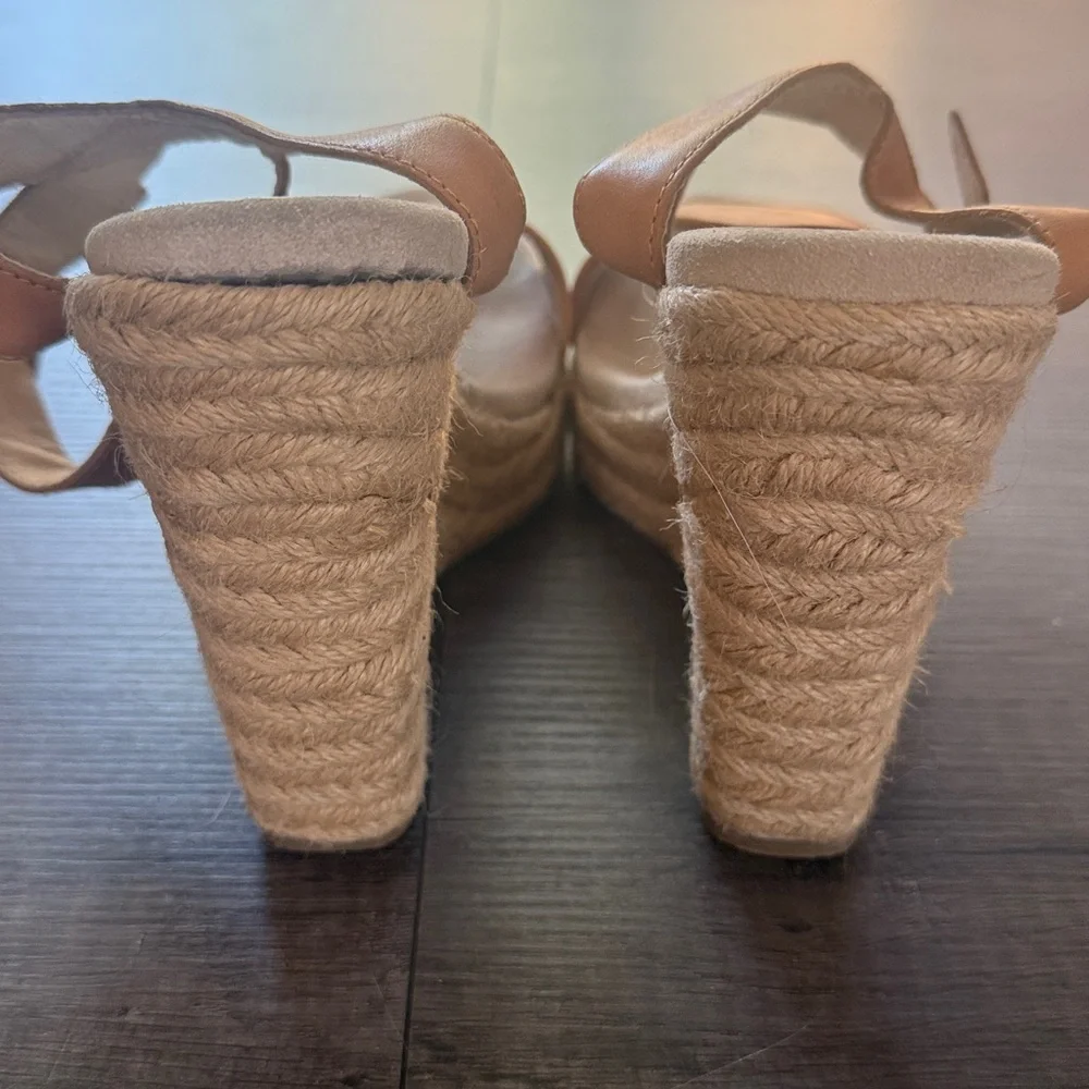 Michael Kors Camel Leather Espadrille Wedge Sandals G Buckle Ankle Strap Size 8